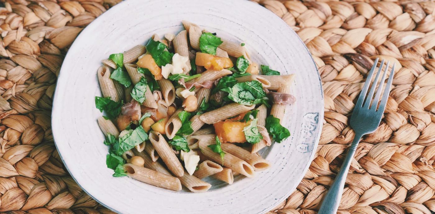 pasta salad with basil, grilled cantaloupe, and prosciutto