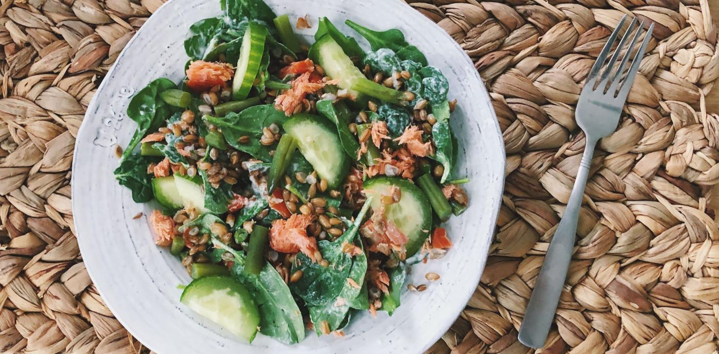 salad with rye berries and salmon