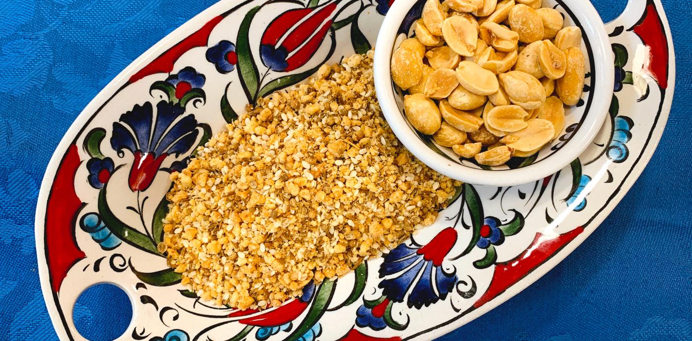 crushed peanut topping in a patterned ceramic bowl