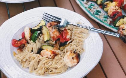 whole grain orzo served with grilled shrimp and veggies