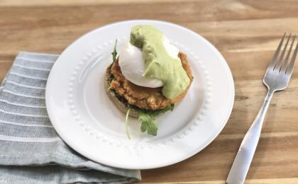 Eggs Benedict with salmon patty and avocado sauce