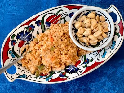 bulgur pilaf in a colorful oval dish