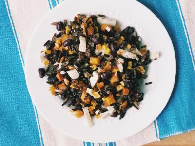 Wild rice salad with corn, butternut squash, and black beans