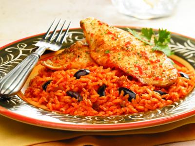 Tilapia with Cheesy Roasted Pepper Rice