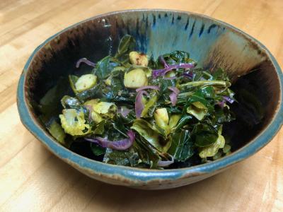 zesty brussels and collards in bowl