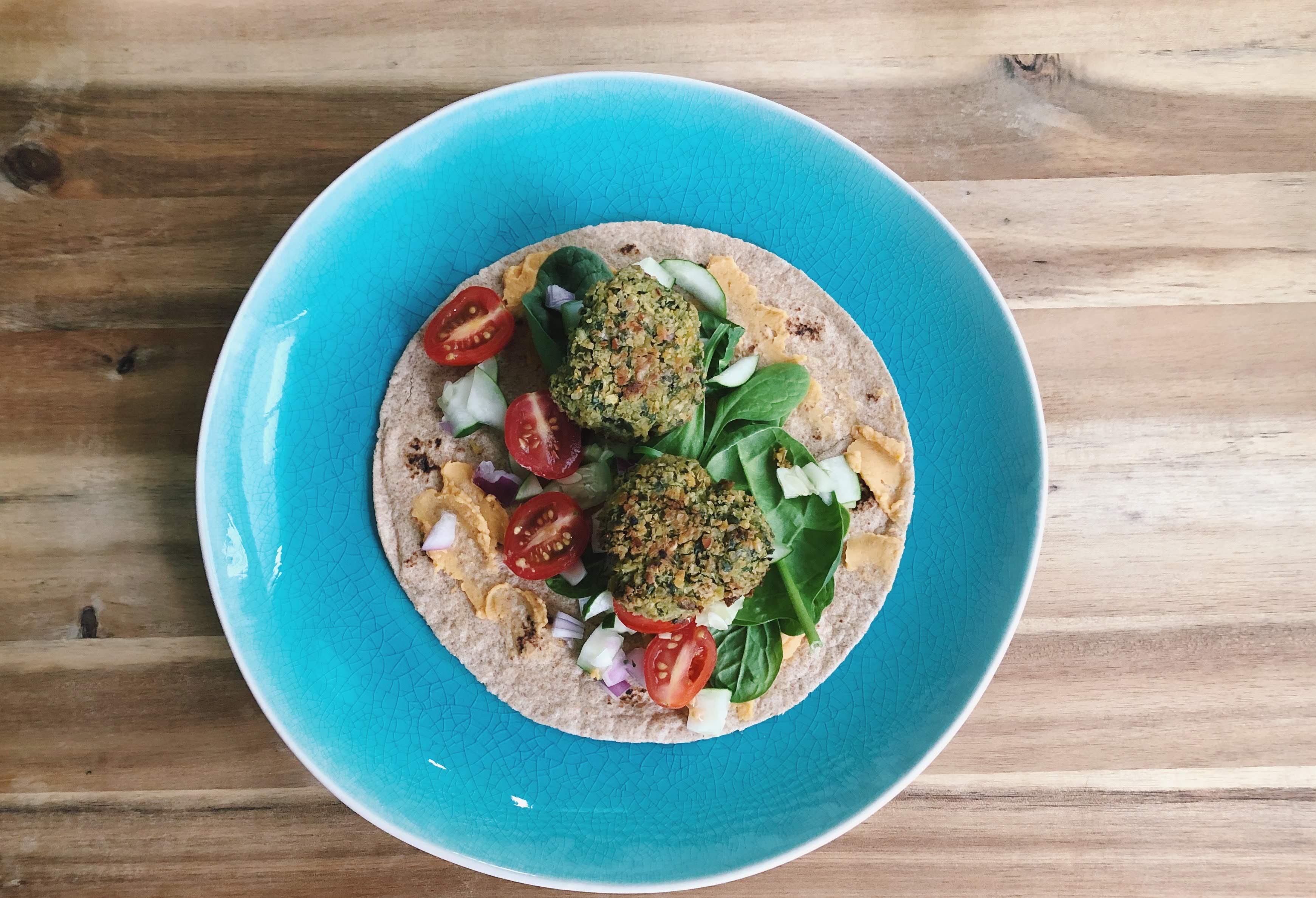 whole grain wrap with falafel and vegetables