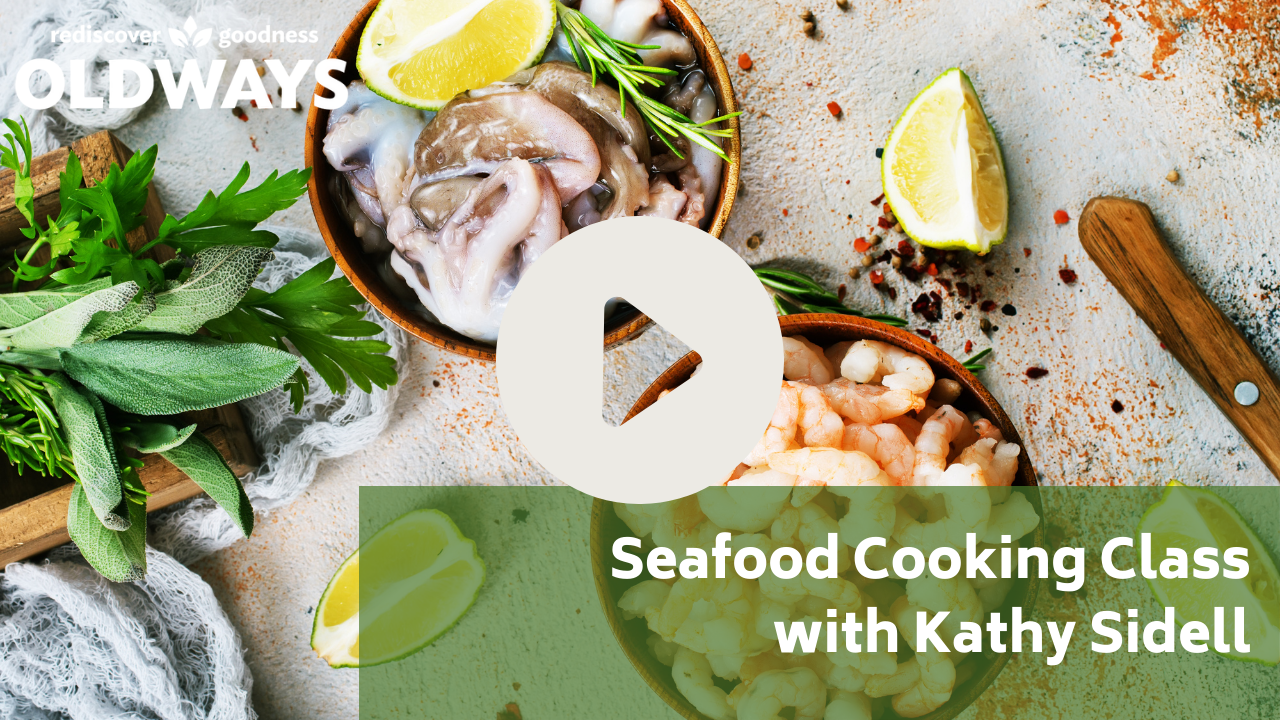 Seafood cooking class with Kathy sidell with seafood background