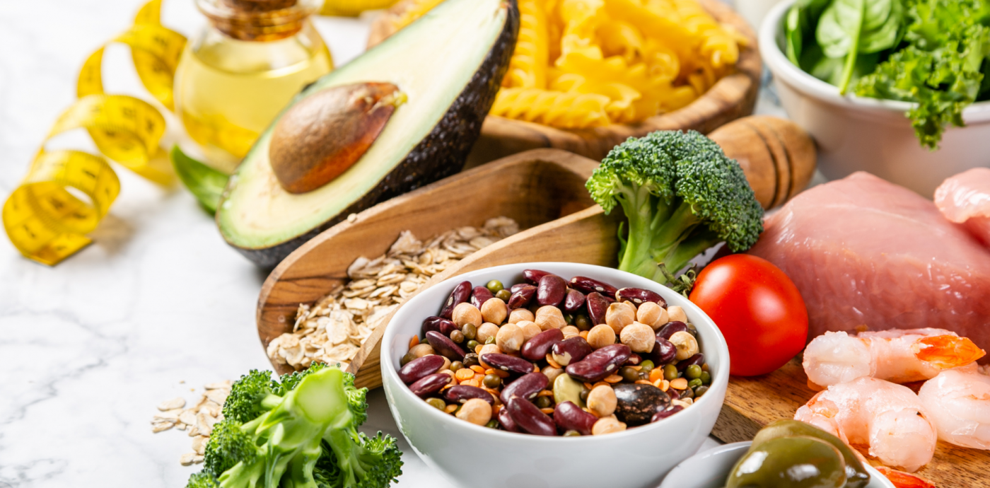 pasta, avocado, produce, shrimp,nuts