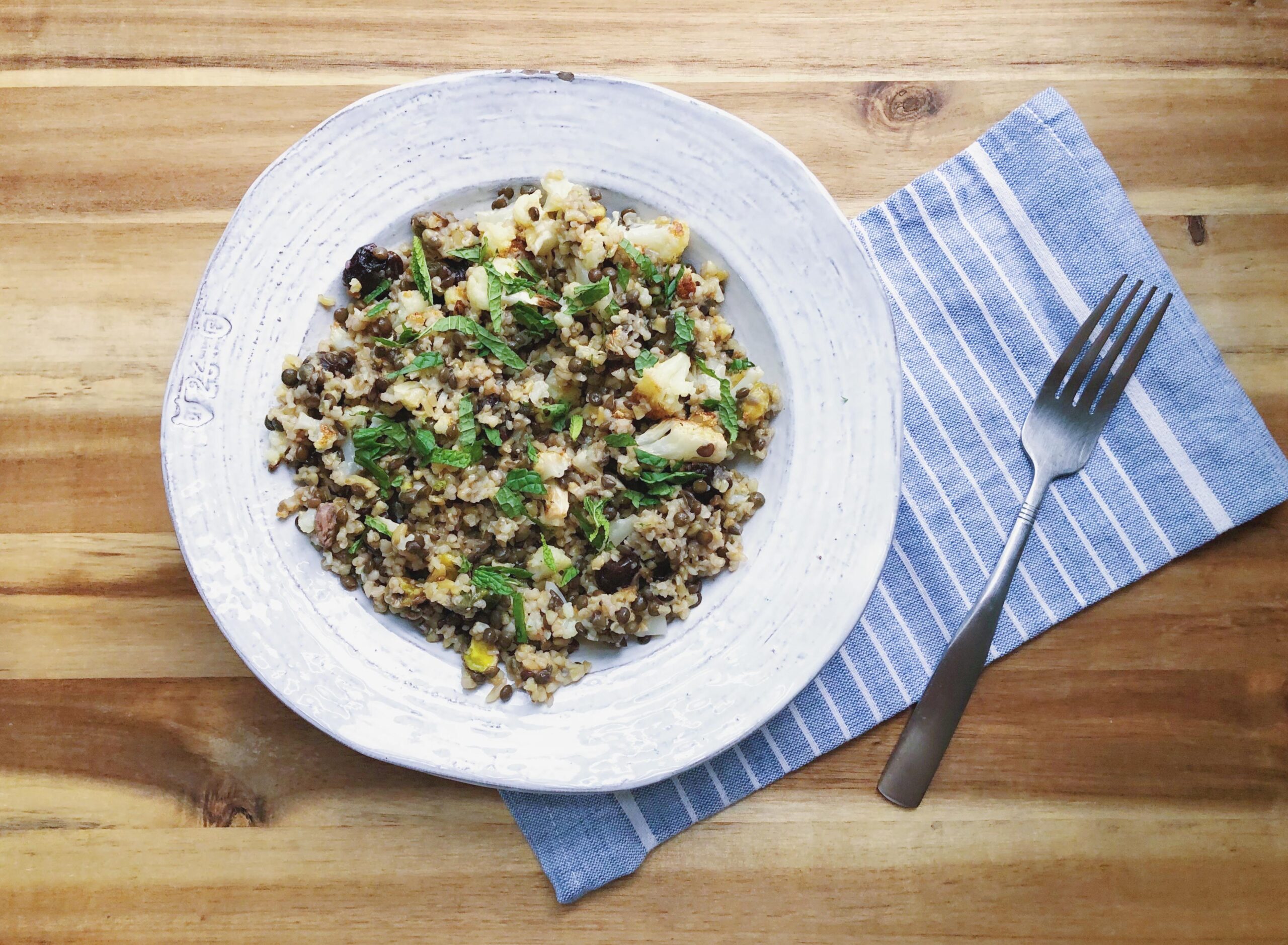 freekeh salad with black lentils and dried cherries