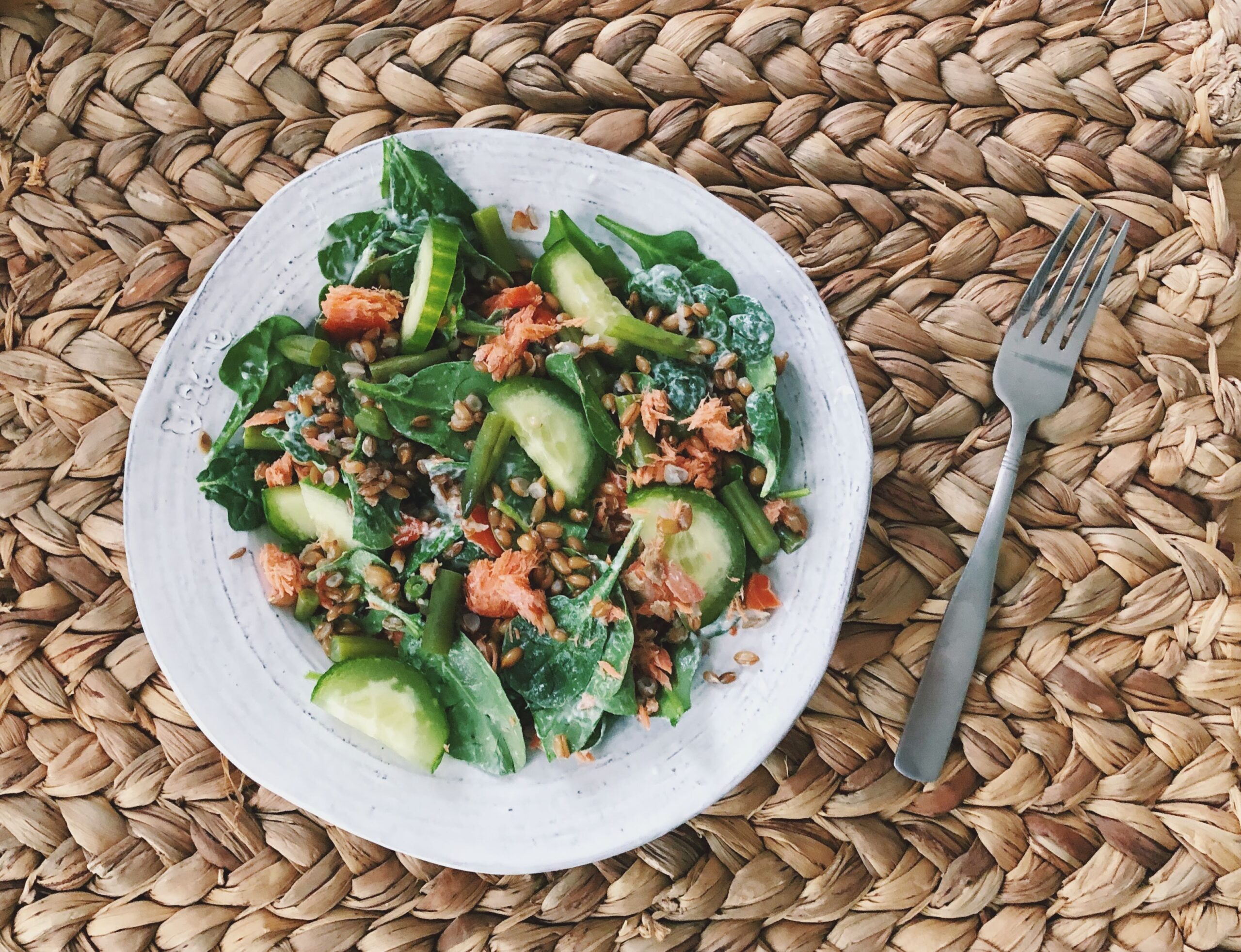 salad with rye berries and salmon