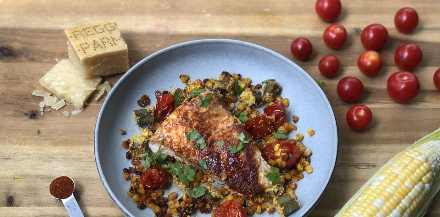 Sheet Pan Berbere Fish with Crispy Parmigiano Reggiano Okra and Summer ...