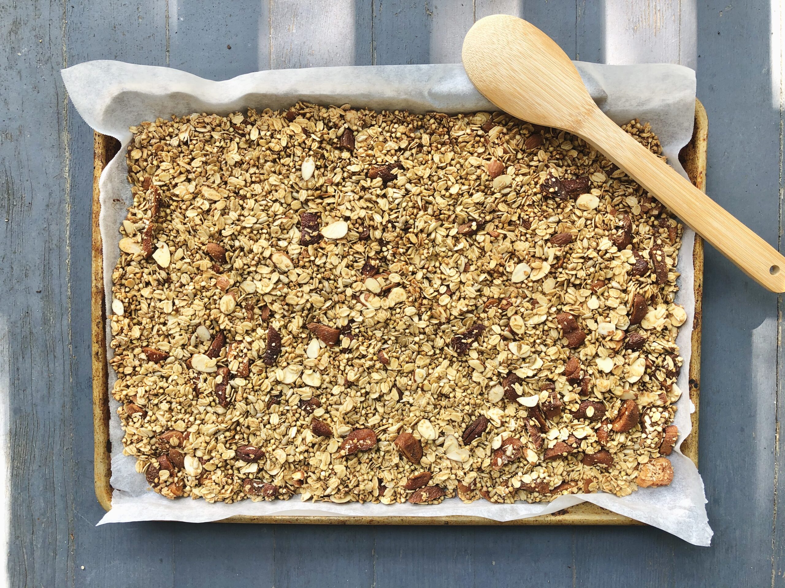 granola displayed on a parchment-lined baking sheet