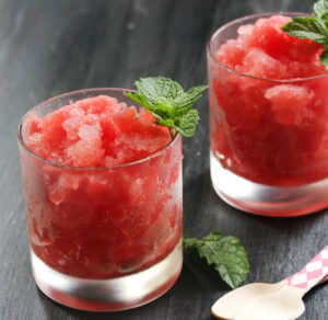 Watermelon Granita topped with mint leaf, selective focusWatermelon Granita topped with mint leaf, selective focus