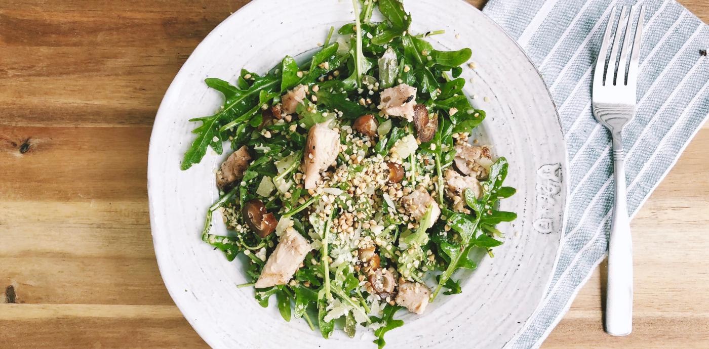 Arugula Salad with Chicken, Dates, and Buckwheat Crumble - OLDWAYS - Cultural Food Traditions OLDWAY