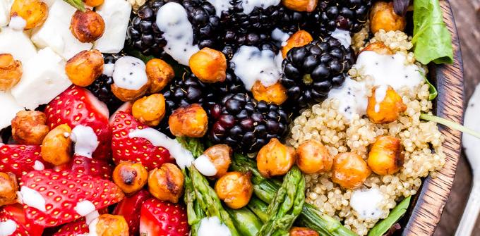 Berry, Asparagus, Quinoa, and Feta Salad with Sweet Crispy Chickpeas - OLDWAYS - Cultural Food Tradi
