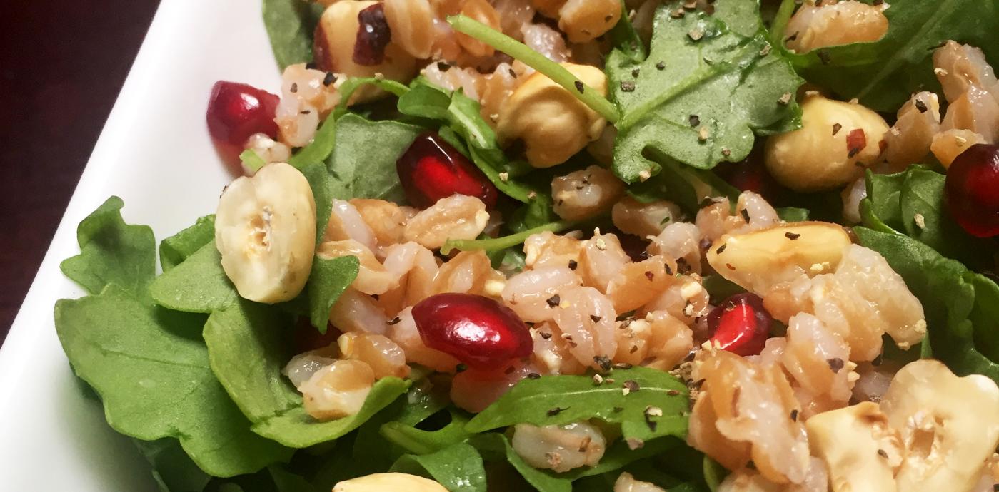 Farro and Arugula Salad with Toasted Hazelnuts & Pomegranate Seeds - OLDWAYS - Cultural Food Traditi
