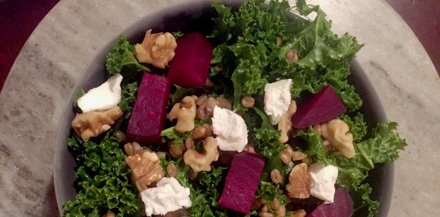 Kale with Roasted Beets, Wheat Berries, Goat Cheese, and Walnuts - OLDWAYS - Cultural Food Tradition