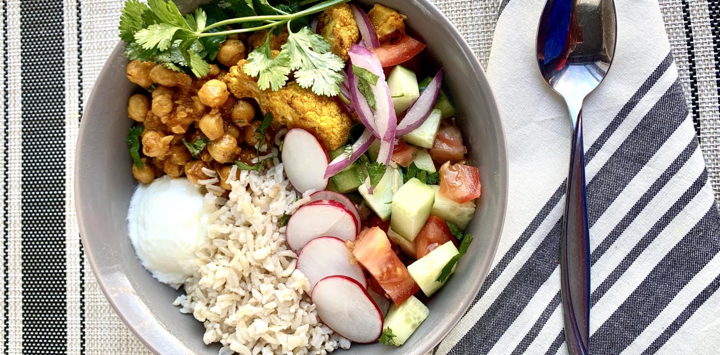 Brown Rice Bowl with Chana Masala and Curried Cauliflower - OLDWAYS - Cultural Food Traditions OLDWA
