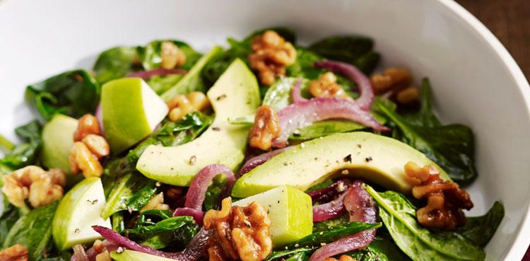 Wilted Spinach Salad with Grilled Onions, Walnuts, Avocado, and Apple - OLDWAYS - Cultural Food Trad
