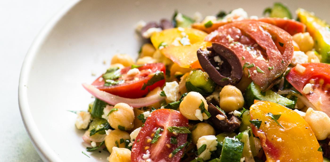 Greek Salad with chickpeas and heirloom tomatoes - OLDWAYS - Cultural Food Traditions OLDWAYS – Cult