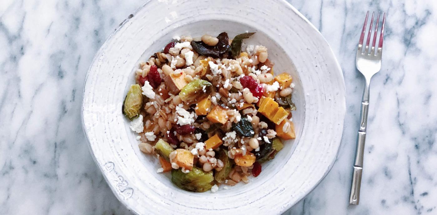 Harvest Farro Salad with Brussels Sprouts, Sweet Potato, and Cranberry Dressing - OLDWAYS - Cultural