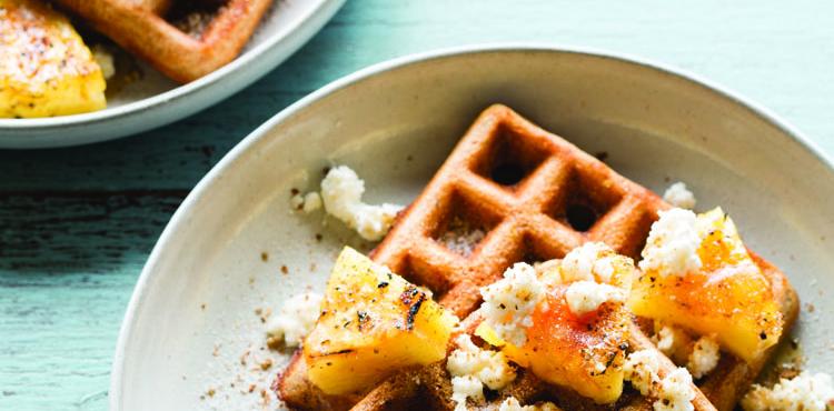 Overnight waffles with teff, coriander, and caramelized pineapples - OLDWAYS - Cultural Food Traditi