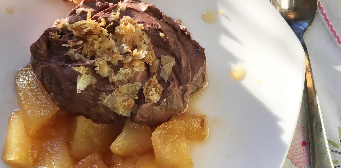 Milk chocolate yogurt with crispy almond phyllo, poached pears, and ouzo - OLDWAYS - Cultural Food T