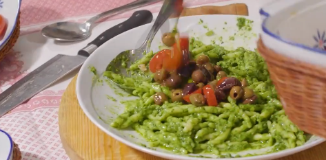 Pesto Pasta with Taggiasche Olives and Datterino Tomatoes - OLDWAYS - Cultural Food Traditions OLDWA