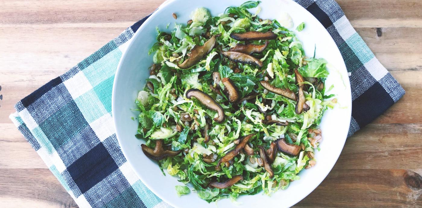 Shredded Brussels Sprouts Salad with Crispy Mushrooms, Rye Berries, and Citrus Dressing - OLDWAYS - 