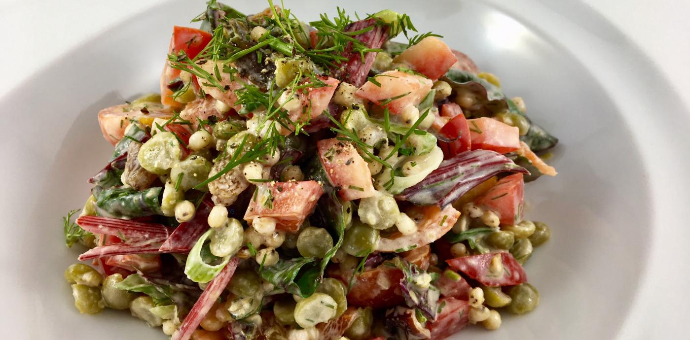 Split Pea and Sorghum Salad with Swiss Chard and Spiced Tahini Dressing - OLDWAYS - Cultural Food Tr