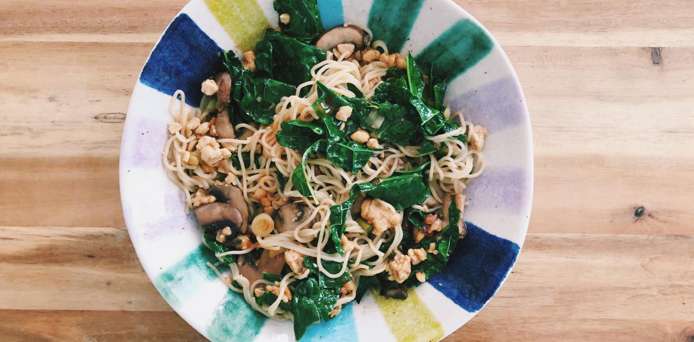 Stir Fried Whole Grain Noodles with Mushrooms, Kale and Crumbled Tempeh - OLDWAYS - Cultural Food Tr