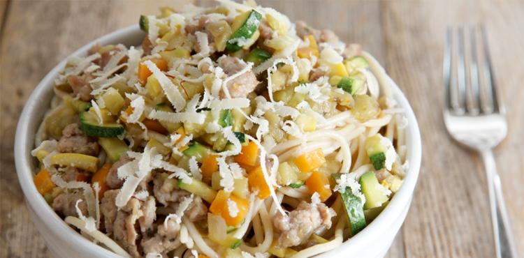 Summer Veggies, Saffron, Sausage & Brown Rice Spaghetti - OLDWAYS - Cultural Food Traditions OLDWAYS