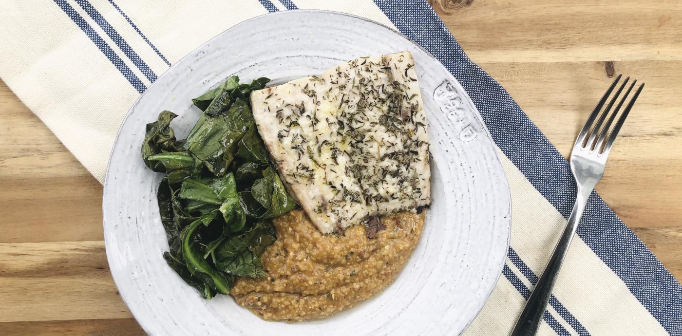 Sundried Tomato Polenta Bowl with Greens and Herb Baked Fish - OLDWAYS - Cultural Food Traditions OL