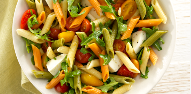 Tri-Color Penne with Arugula, Cherry Tomatoes, Chives, and Fresh Mozzarella - OLDWAYS - Cultural Foo
