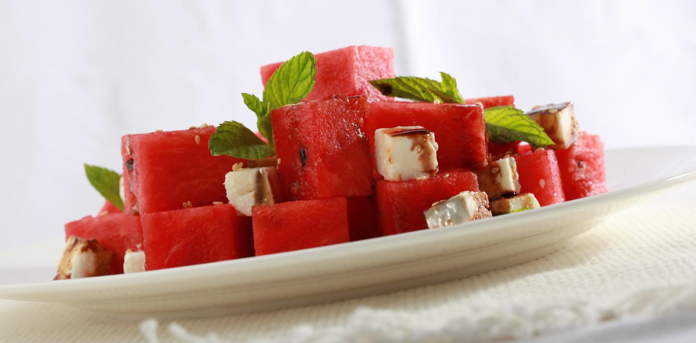 Watermelon with Rosewater Pomegranate Molasses and Feta - OLDWAYS - Cultural Food Traditions OLDWAYS