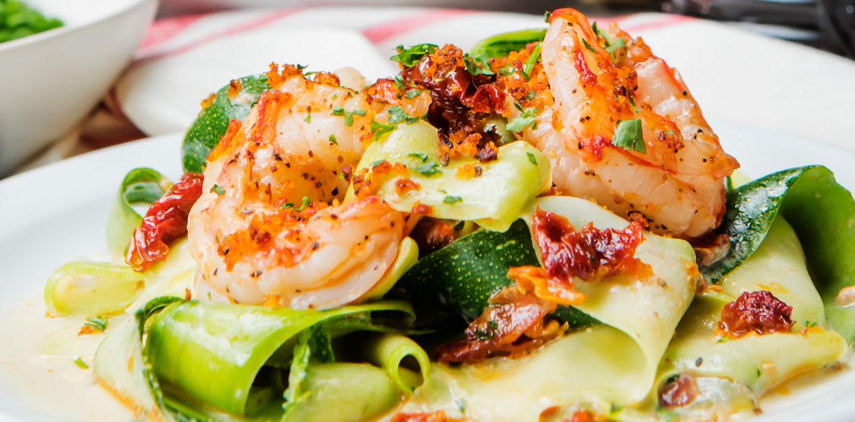 Shrimp and Zoodle Pappardelle with Creamy Sauce and Tomato Breadcrumbs - OLDWAYS - Cultural Food Tra