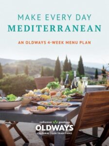 Mediterranean menu plan book cover with outdoor dining scene.