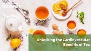 Tea set with ginger, lemon slices, honey, and mint leaves; promoting cardiovascular benefits of tea.