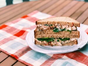 A sandwich displayed on a plate, resting on a red and white checkered tablecloth