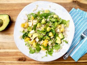 Plate of fresh salad with avocado, mango, and rice