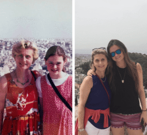 Two images of women posing in front of a city skyline