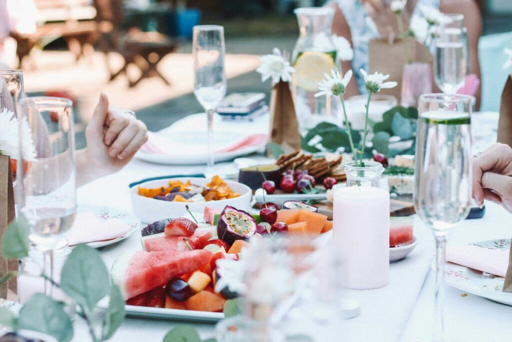 A festive table filled with various dishes and drinks